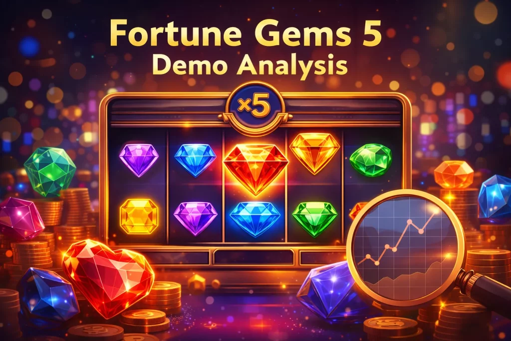 Fortune Gems 5 demo slot analysis illustration with colorful gemstone reels, glowing diamonds, casino coins, and a magnifying glass highlighting a rising win chart.