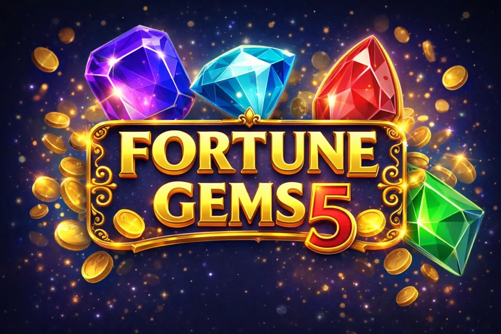 "Fortune Gems 5 slot game banner with golden title, colorful gemstones and floating coins on a dark sparkling background